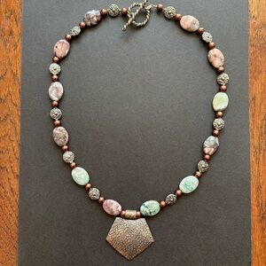 Sterling Silver Amazonite & Ocean Jasper Bohemian Pendant Necklace | 21 IN